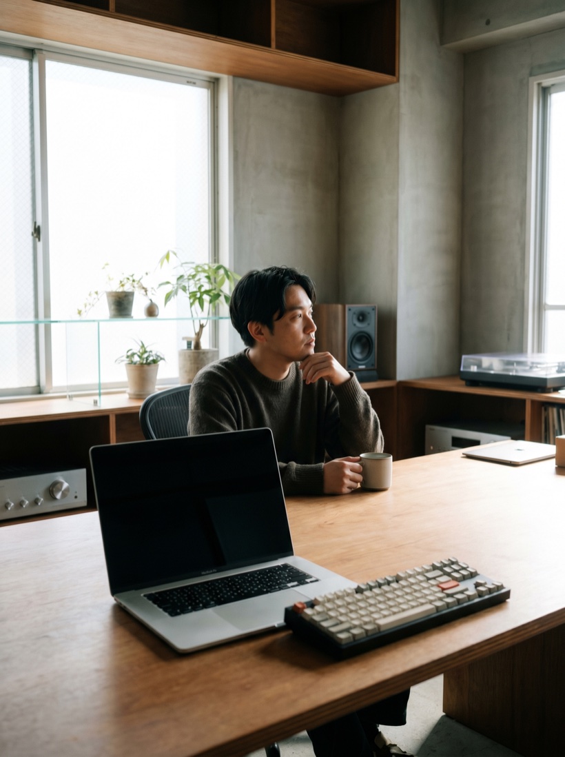 A focused developer at a clean modern desk with multiple screens in soft light, considered