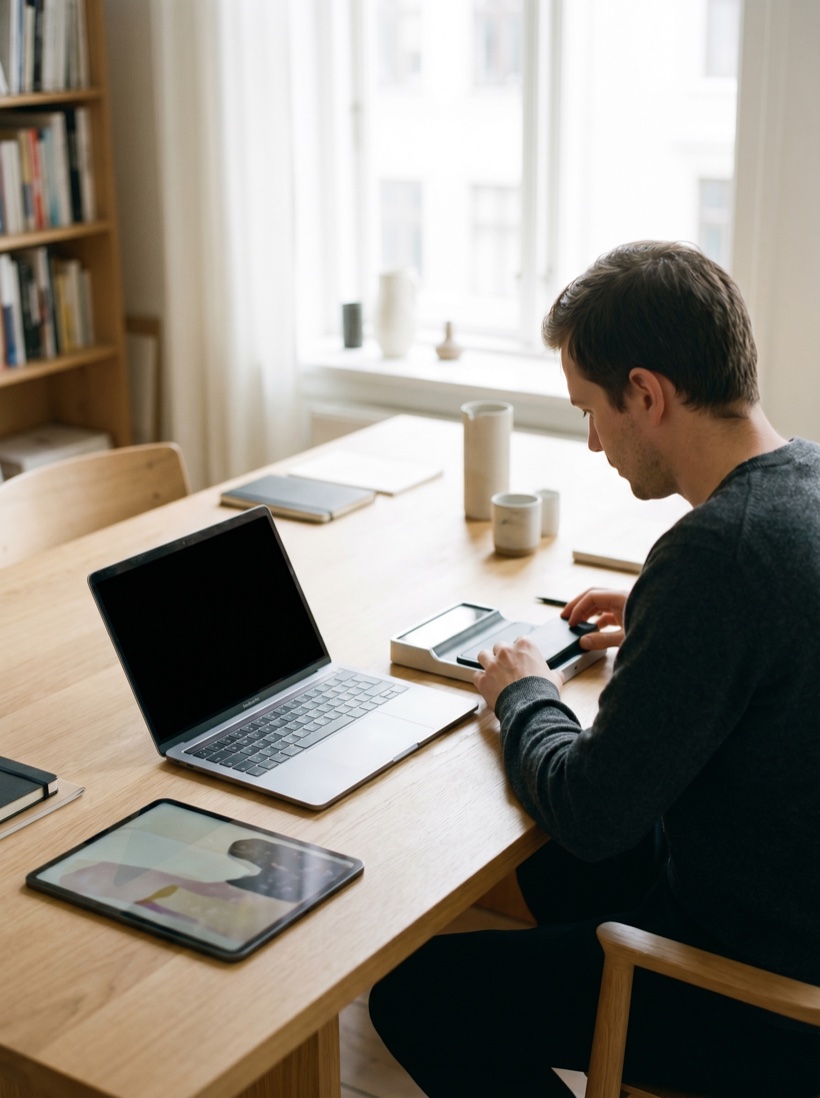 A premium, trustworthy fintech product workspace in soft light, precise and considered
