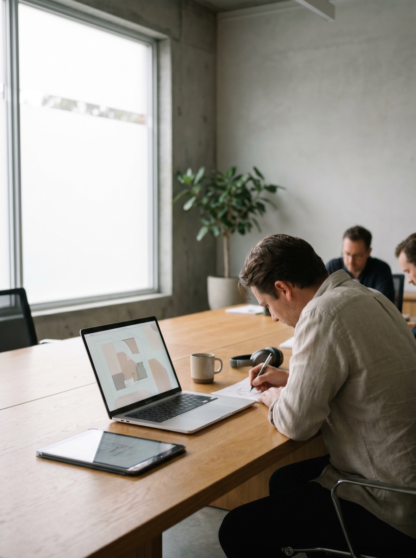 A sharp modern product team workspace with devices in soft daylight, considered and premium