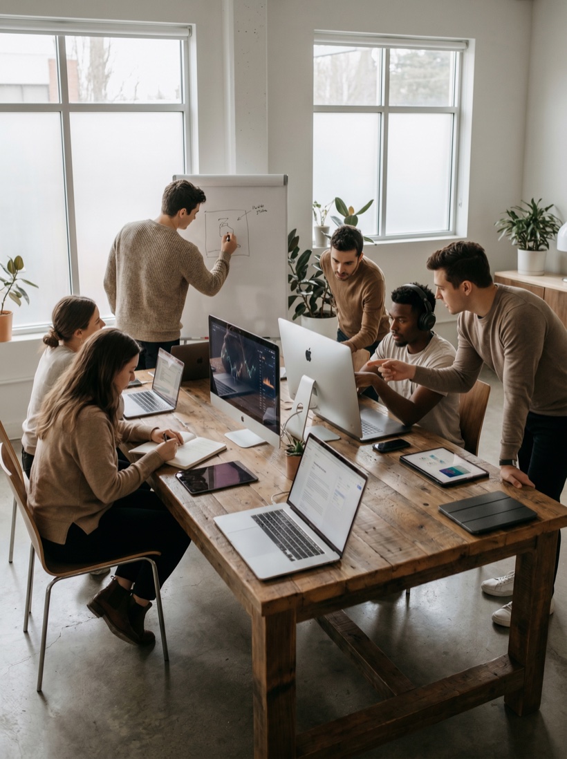 A high-energy startup team at a bright modern workspace on launch day, focused and ambitious