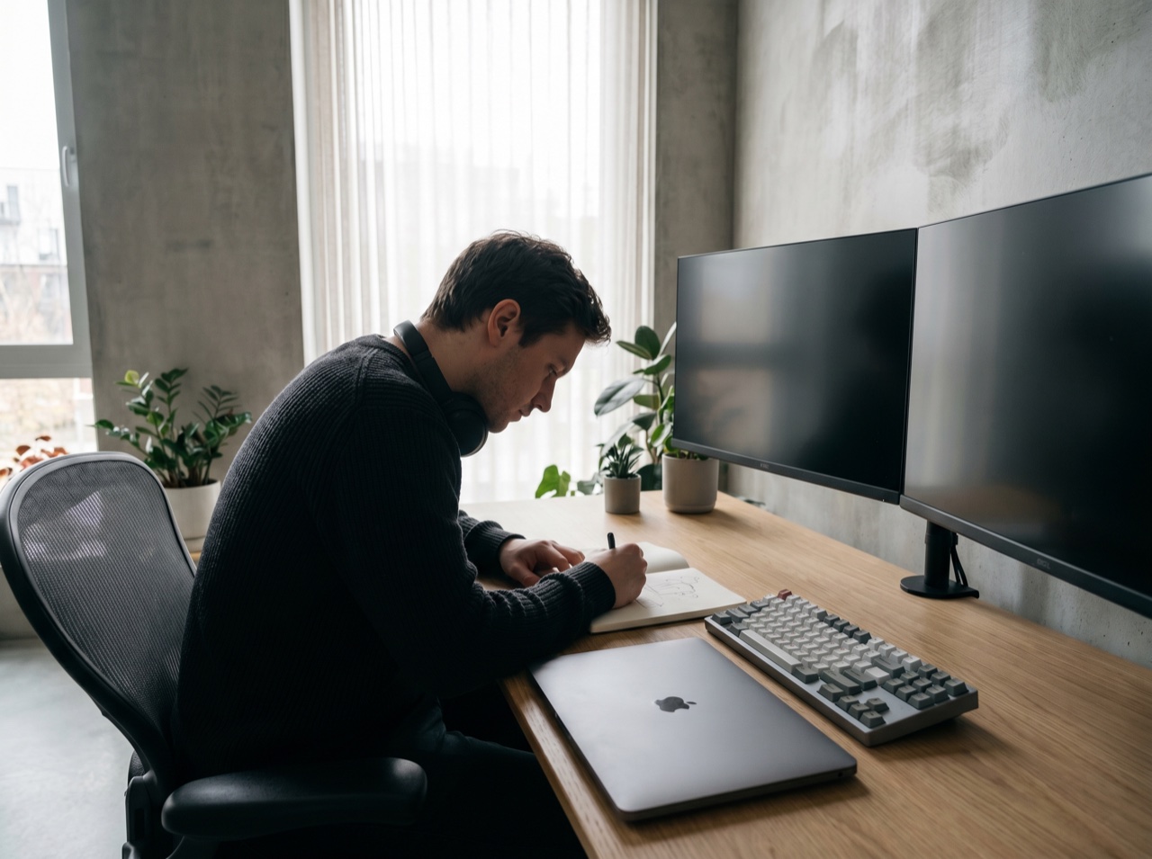 A developer at a clean multi-screen desk