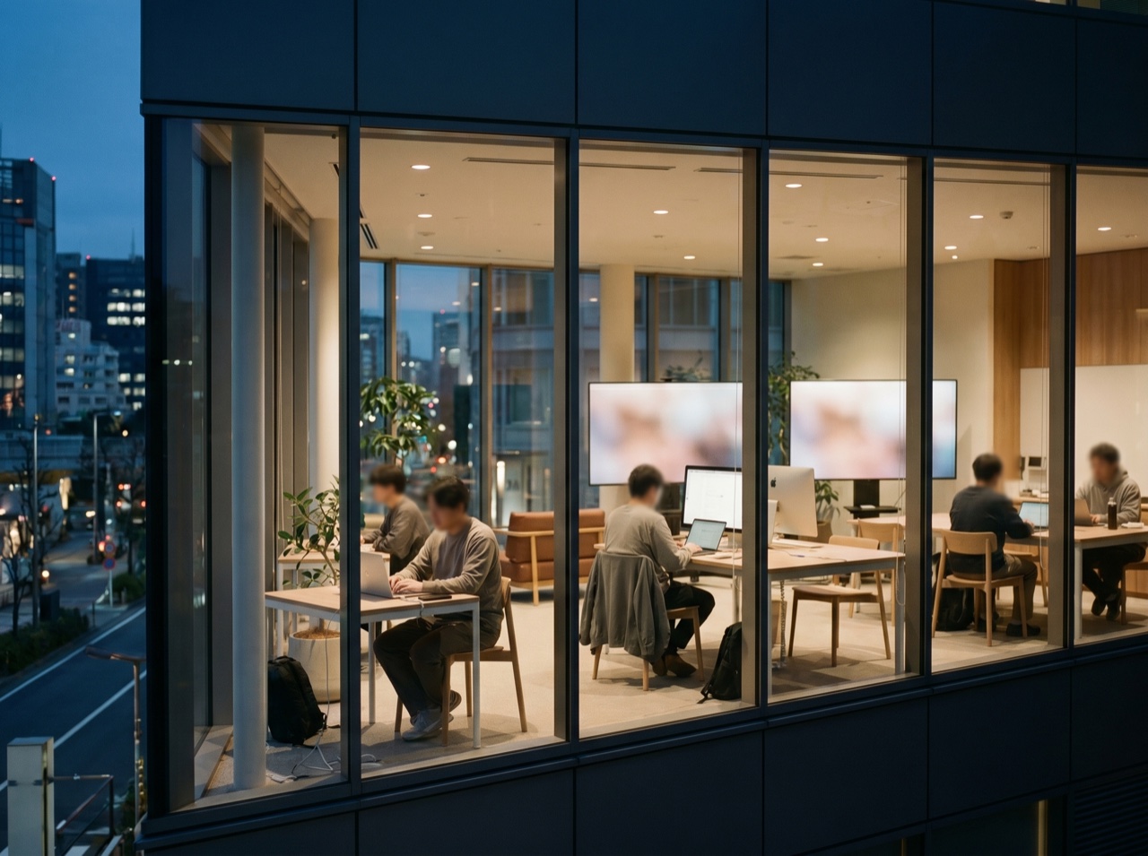 A modern dev office at blue-hour dusk