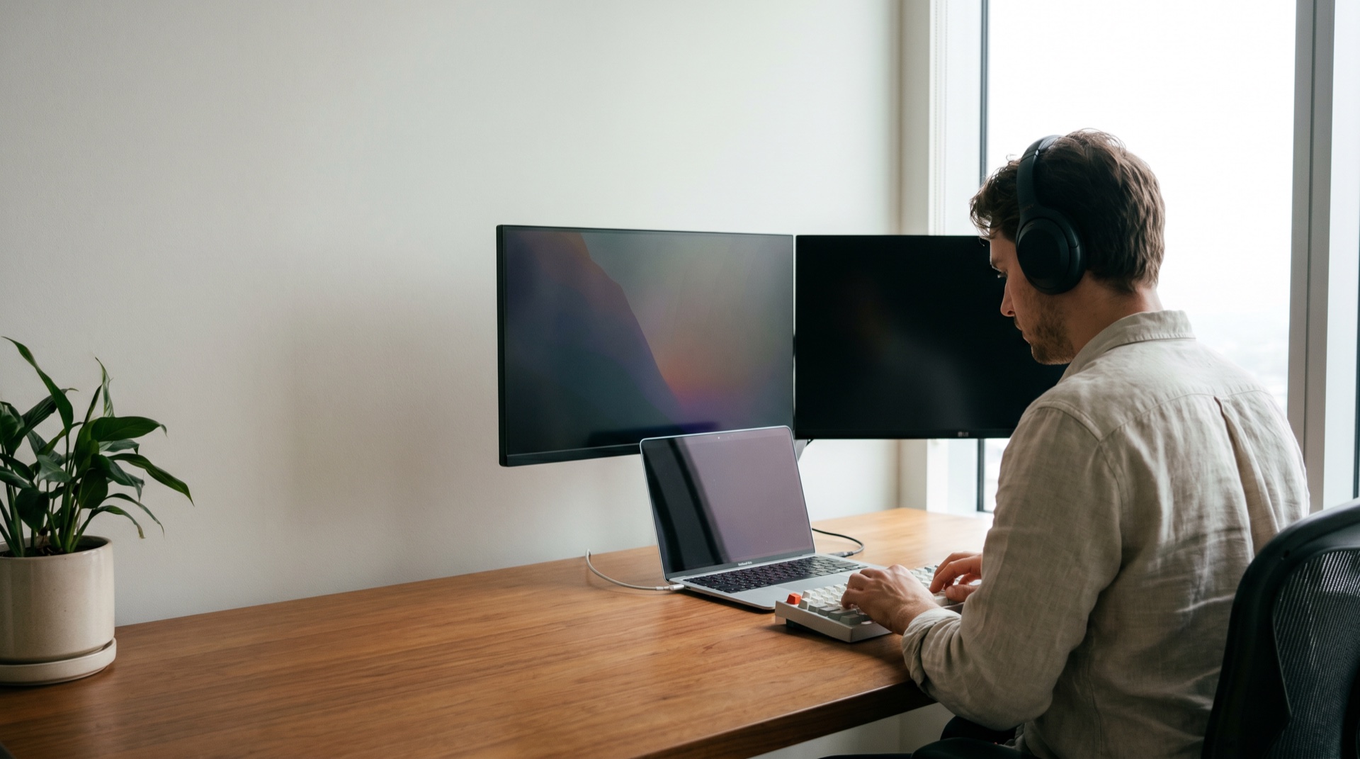A focused developer at a clean modern desk in soft daylight