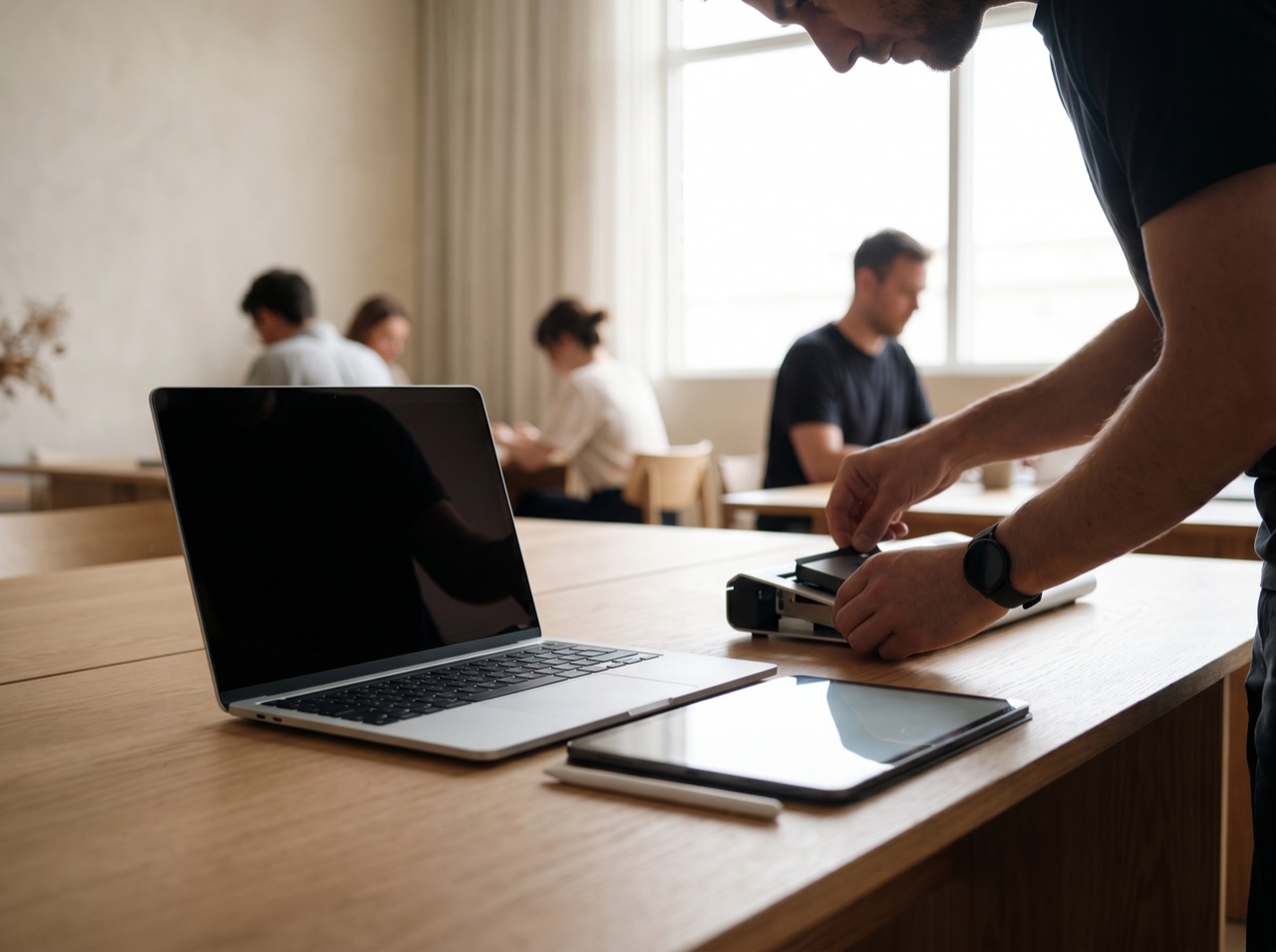 A premium device and product detail on a clean desk