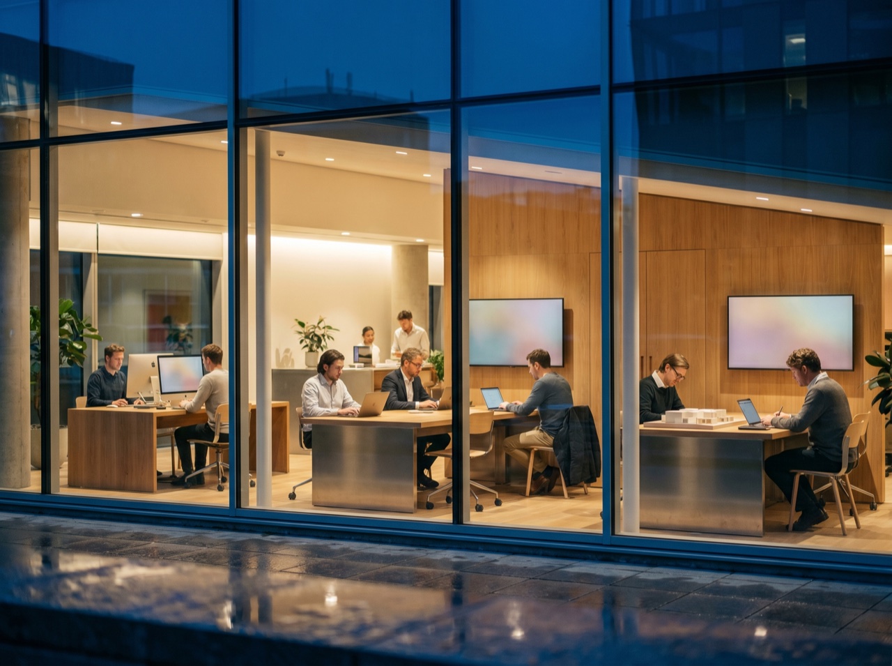 A modern fintech office at blue-hour dusk