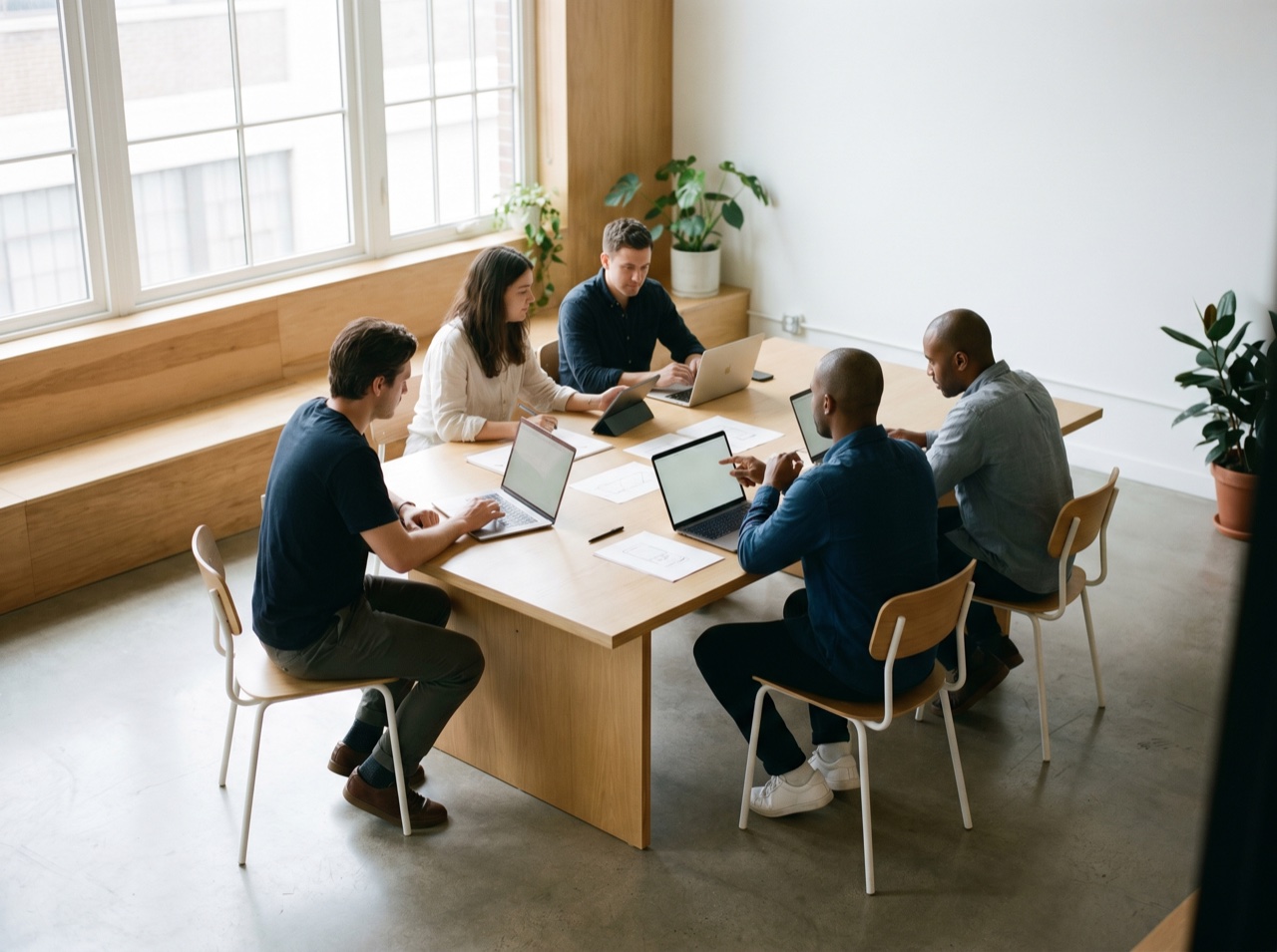 A focused product team collaborating in soft light