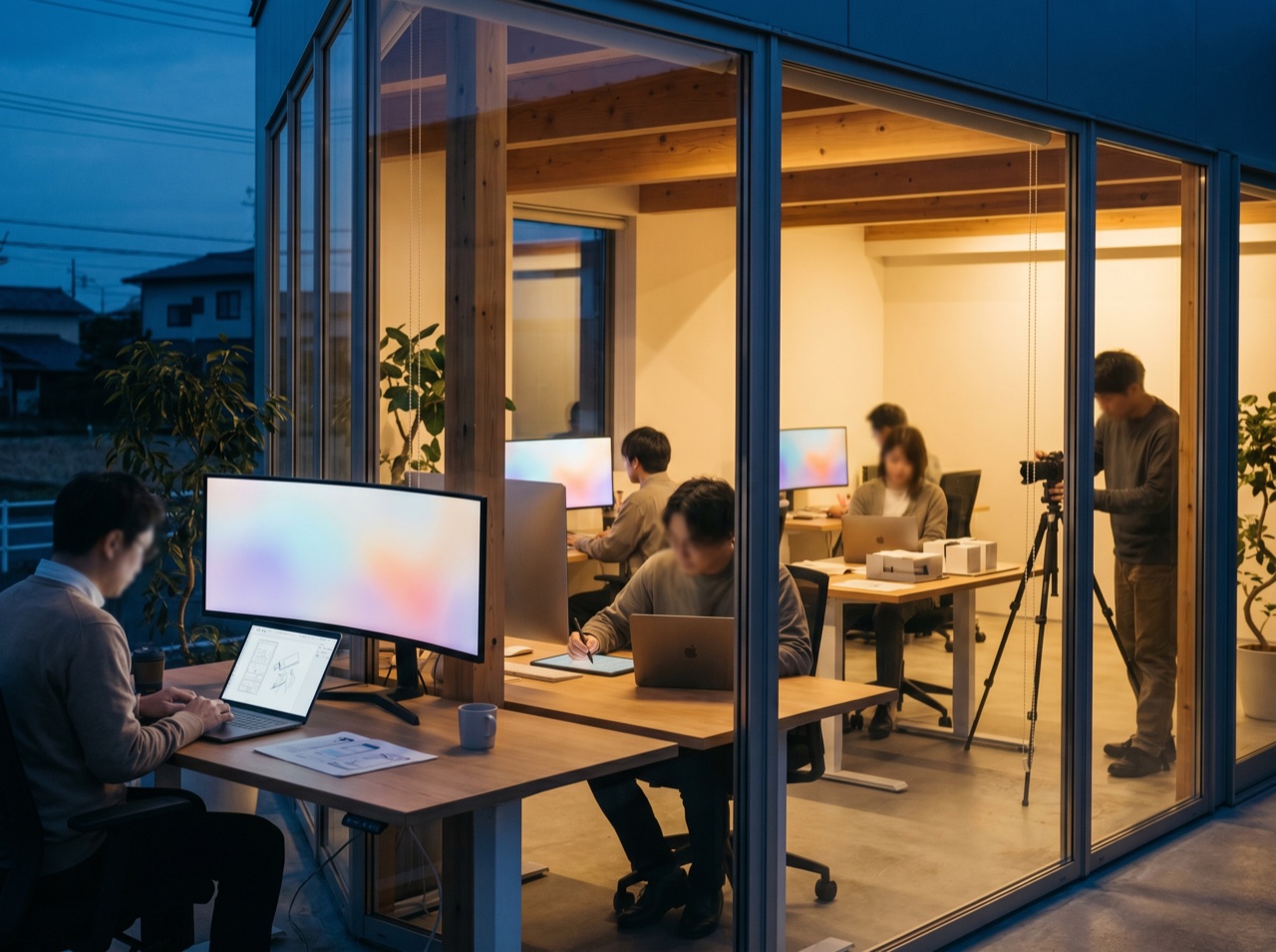 A modern office at blue-hour with warm lit windows