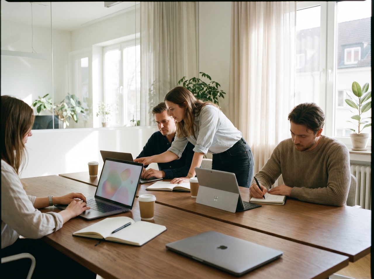 A startup team mid-work in a bright modern space