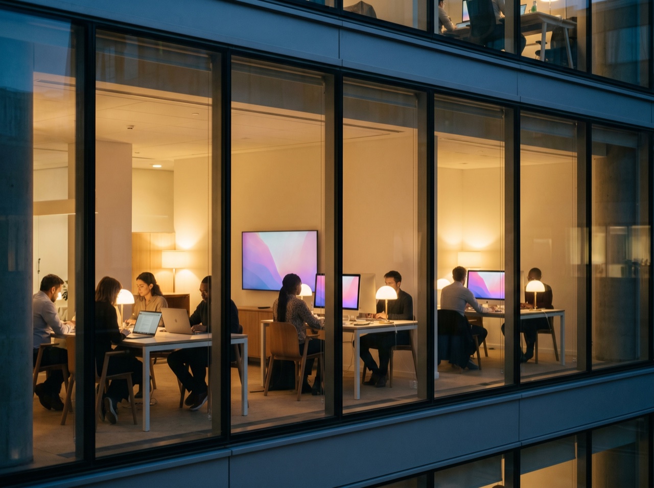 A modern startup office at blue-hour dusk