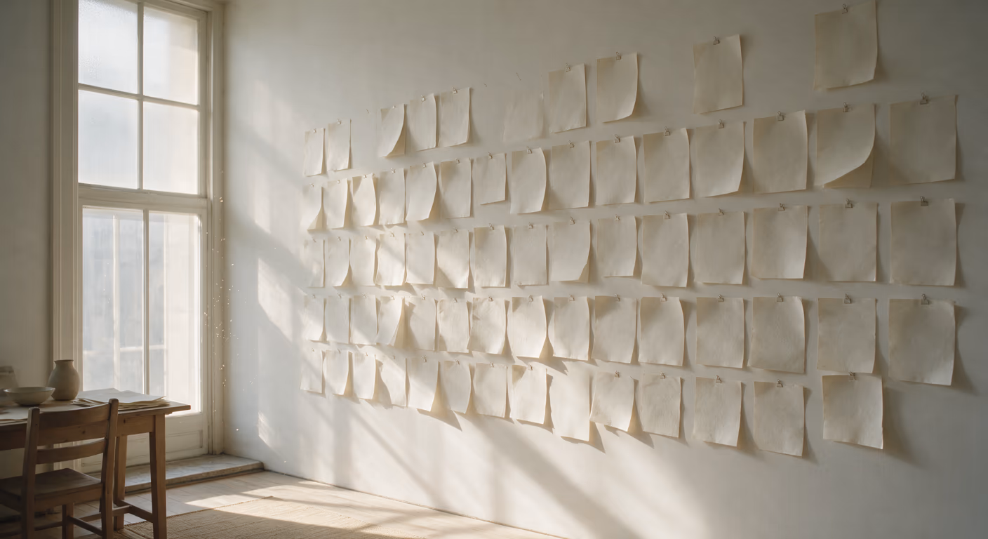 A studio wall hung with rows of pinned paper sheets in daylight