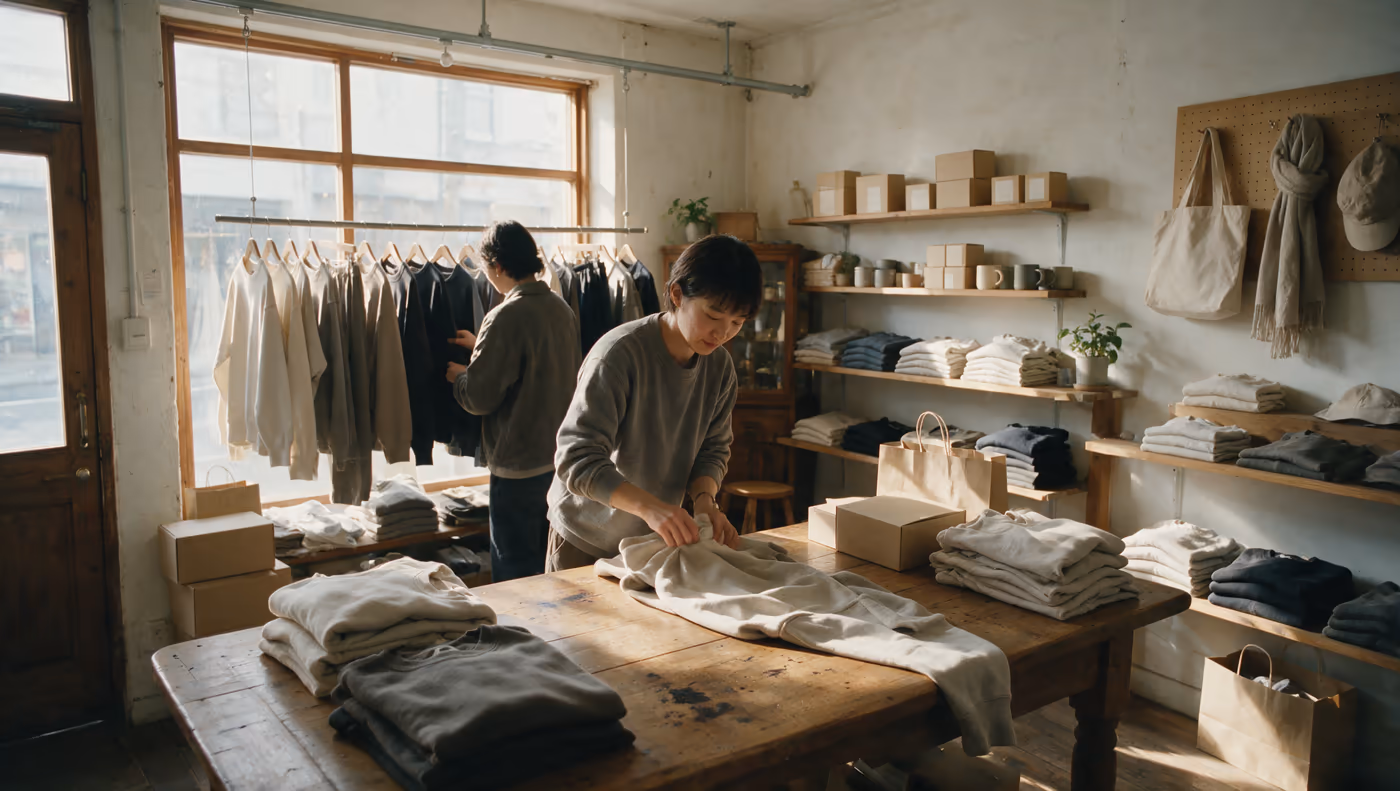 A shop assistant folding a sweatshirt while a customer looks through a rail of clothes