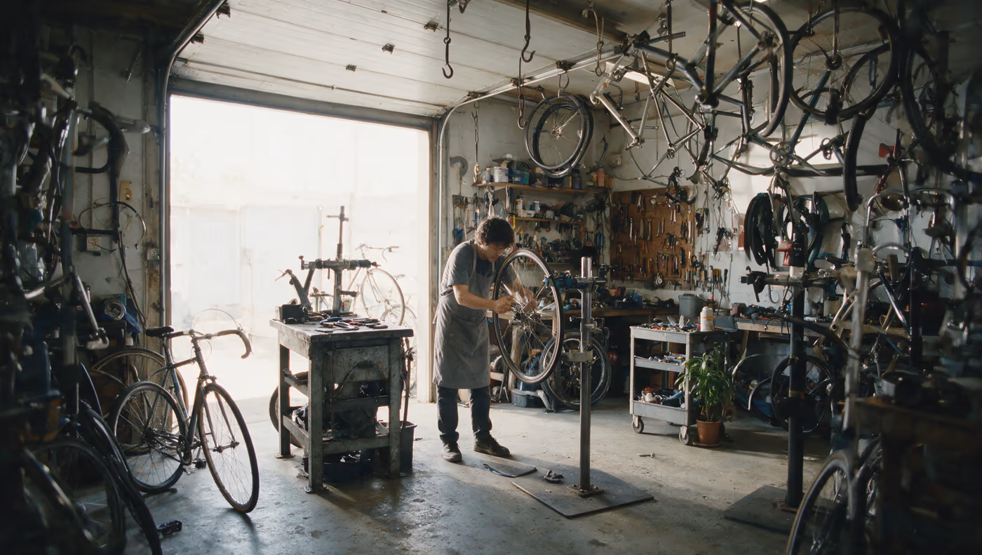 A mechanic truing a wheel in a repair stand in a bicycle workshop