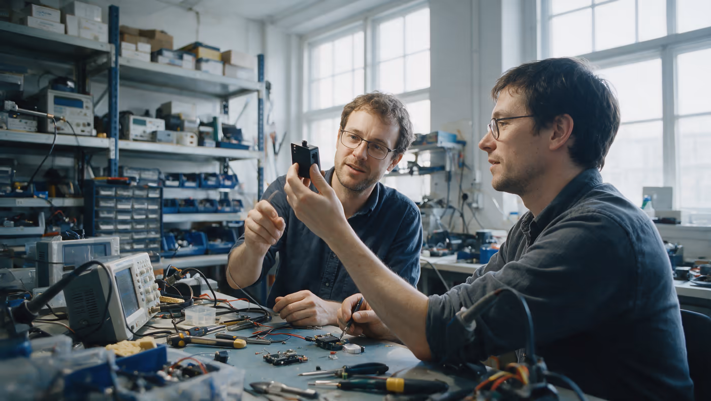 Two engineers examining a small black device at a laboratory bench