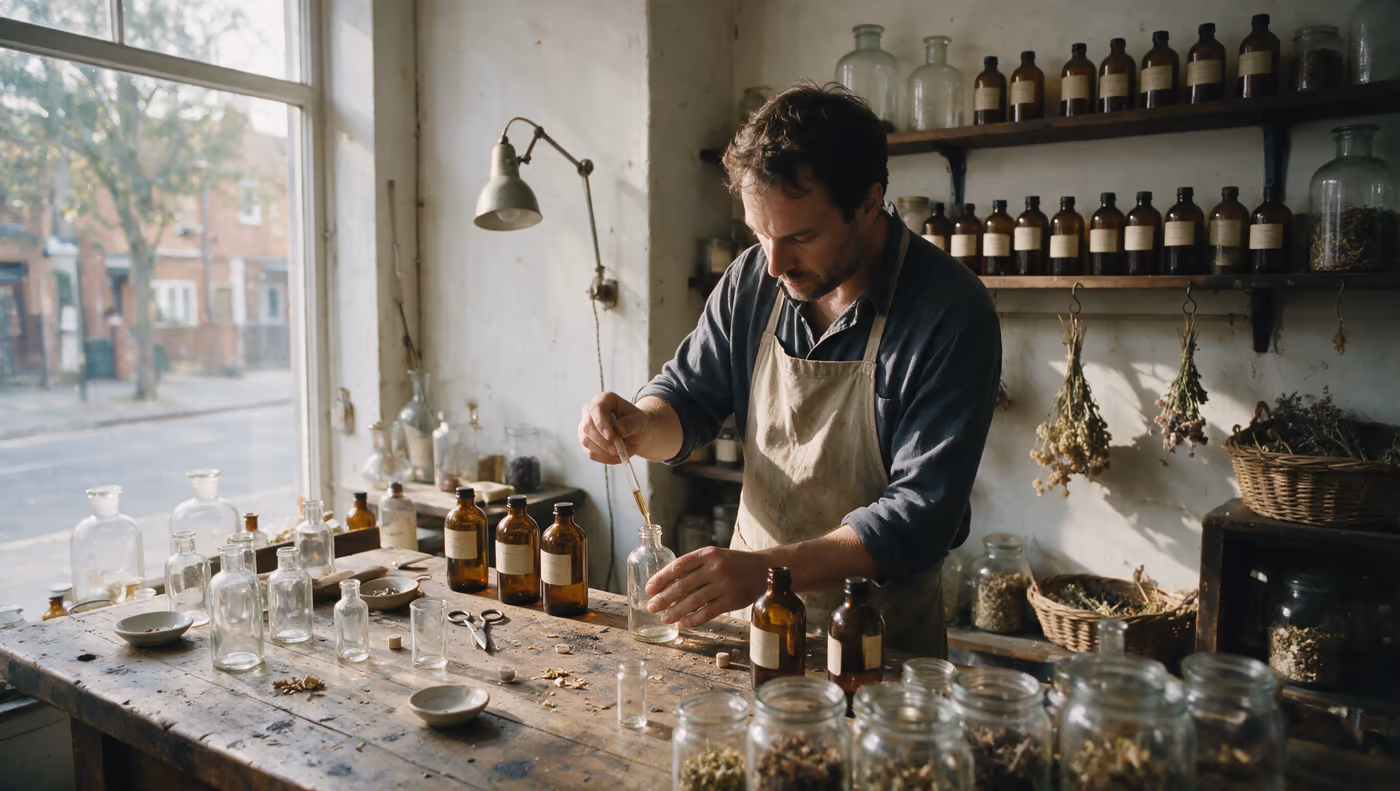 A perfumer in a canvas apron filling a glass bottle at a workbench