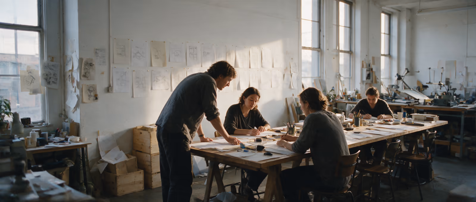 The studio, four people working along a long shared table with drawings pinned behind them