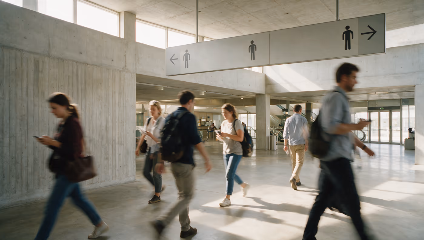 Commuters walking beneath a suspended directional sign carrying arrows and pictograms