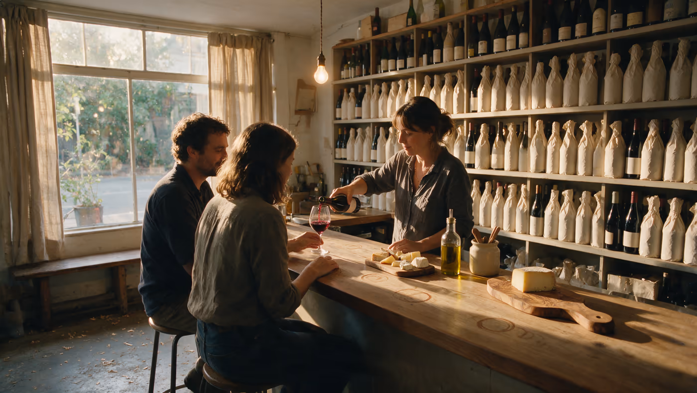 The owner of a small wine shop pouring a glass for two customers sitting at the counter