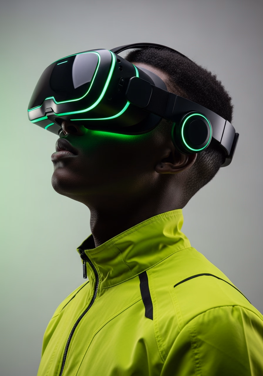 A spatial audio visor worn in profile, its light pipe lit