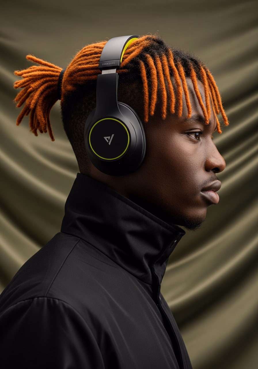 A listener wearing the over-ear instrument in profile
