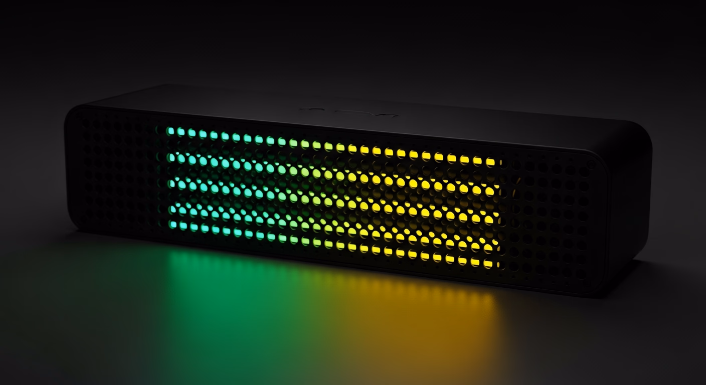 The room speaker, its LED grille lit across the spectrum