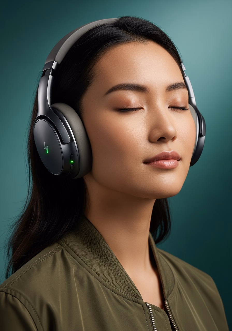 Over-ear headphones worn, the status light showing green