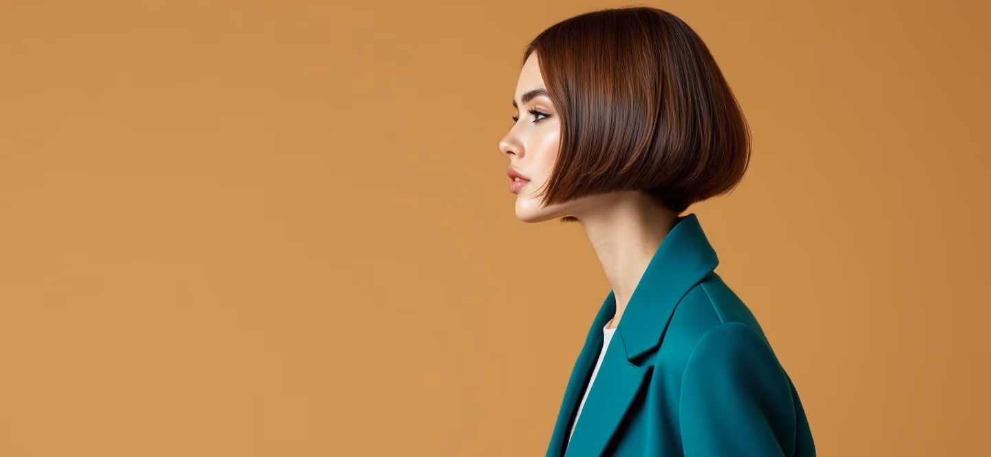 A woman in a green blazer on a tan seamless backdrop