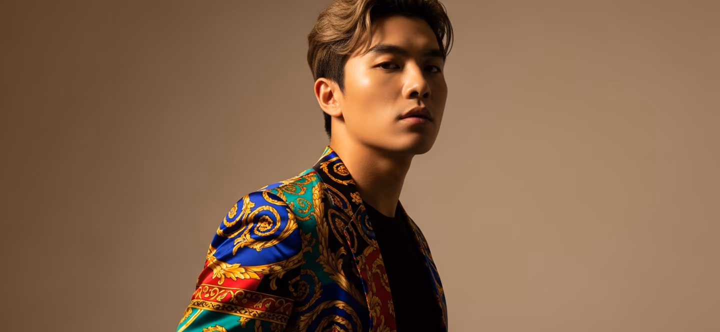 A man in a printed jacket on a taupe seamless backdrop