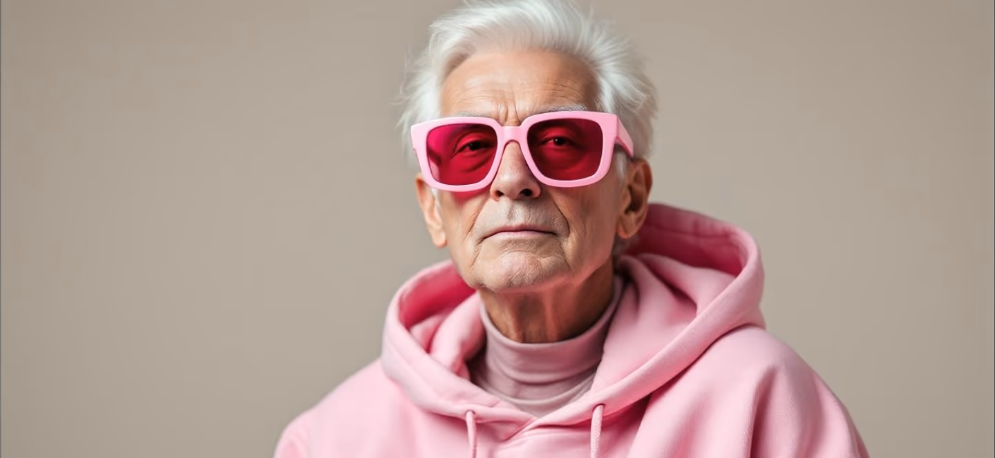 A man in a pink hooded sweatshirt and pink sunglasses on a grey backdrop
